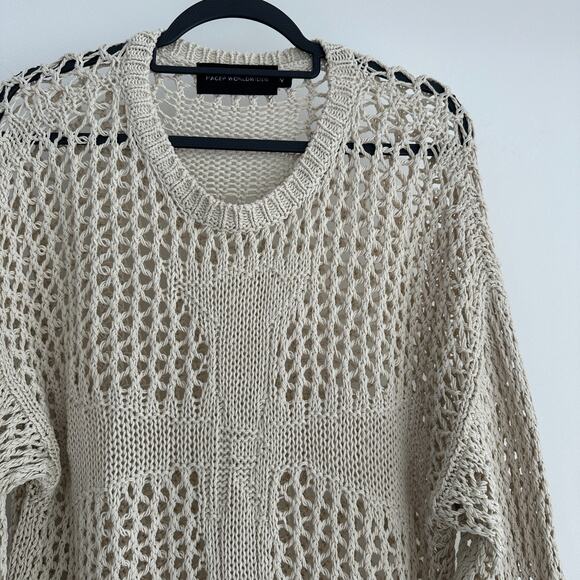 Racer Worldwide Cross Net Sweater Womens Medium Beige Cream Crochet Open Knit - Picture 4 of 13